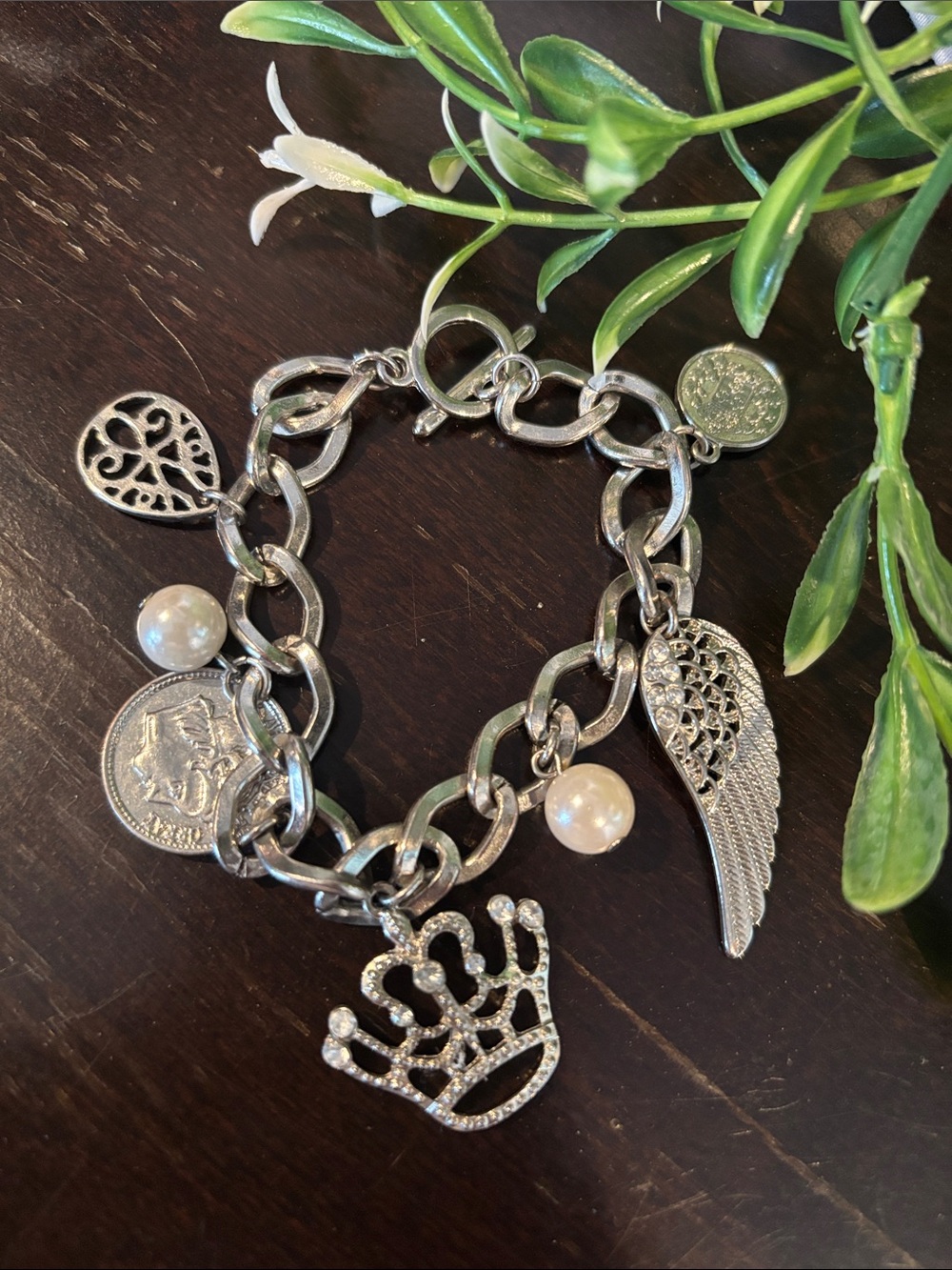 Silver Charm Bracelet with Pearl Accents - Wing & Crown Charms - Picture 2 of 4